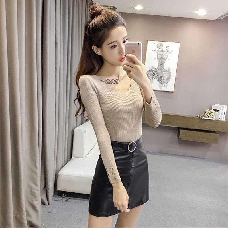 Pofulove Women's Autumn Winter Slim Long Sleeve Tight Short V-neck Sweater Bright Silk Pullover Tops
