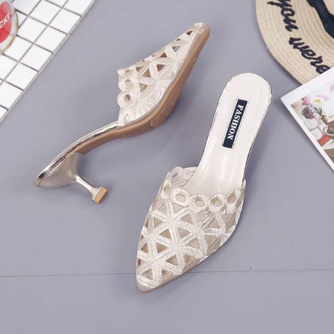 WTEMPO Summer Slippers Sexy Hollow High Heel Slippers Stiletto Half Drag Sandals