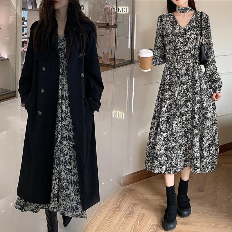 French Retro Floral Bottoming Long Dress Korean Version Loose and Thin Hepburn Printed Female Long Skirt