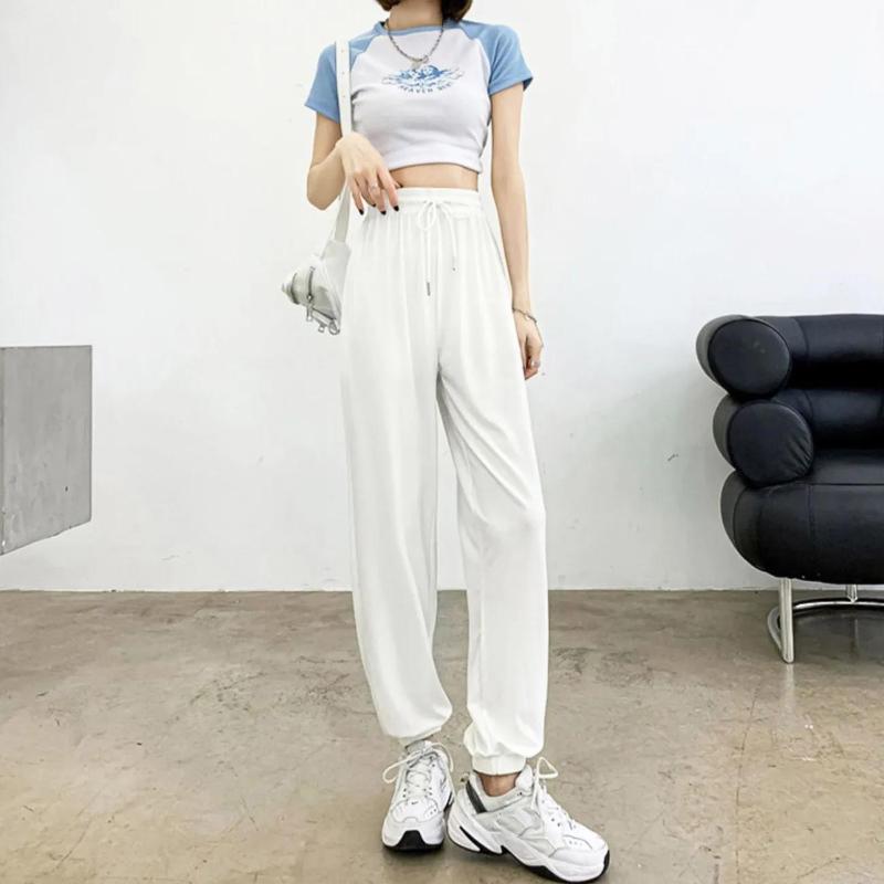 White Ice Silk Sports Pants Women's Summer Thin Section Loose and Thin Nine-point Beam Foot Casual Lantern Pants