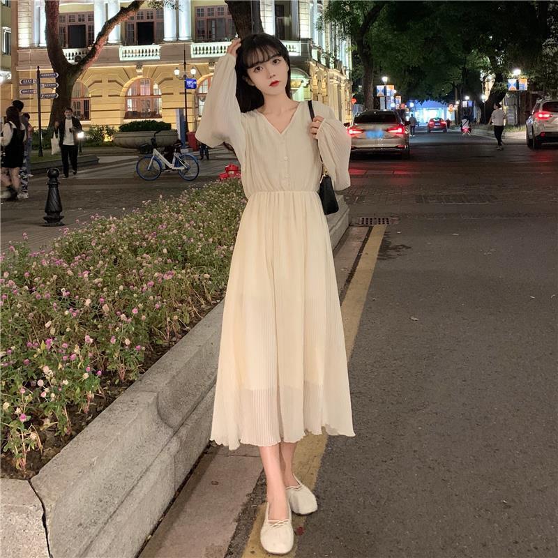 Spring Summer Women's Knee-length Dress French Gentle Wind V-neck Chiffon Solid Color Long-sleeved Dress
