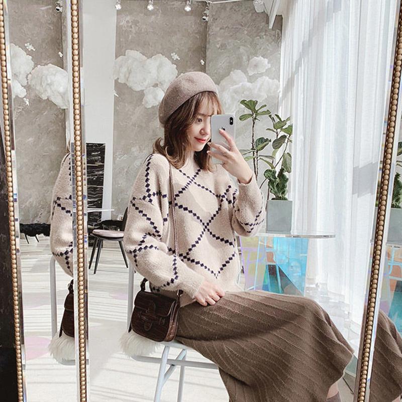 Autumn and Winter Imitation Mink Velvet Loose Sweater Plaid Pattern Knitted Top Fashion Casual Women Sweater
