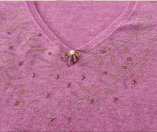 Women's Bow Knot Diamond V-Neck Sweater Solid Color Loose Pullover Long Sleeve Knit Sweater