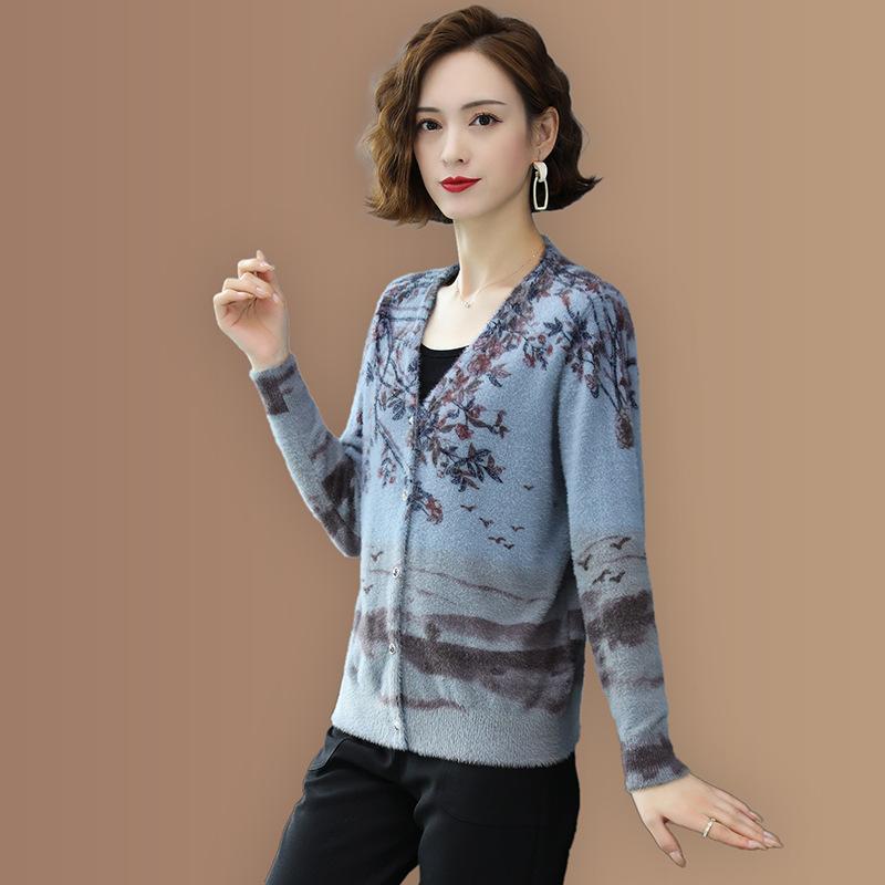 Floral Print Cardigan Women Autumn Winter Female Artificial Mink Wool Cardigan Loose Sweater Coat Fashion Knit Jacket Outwear