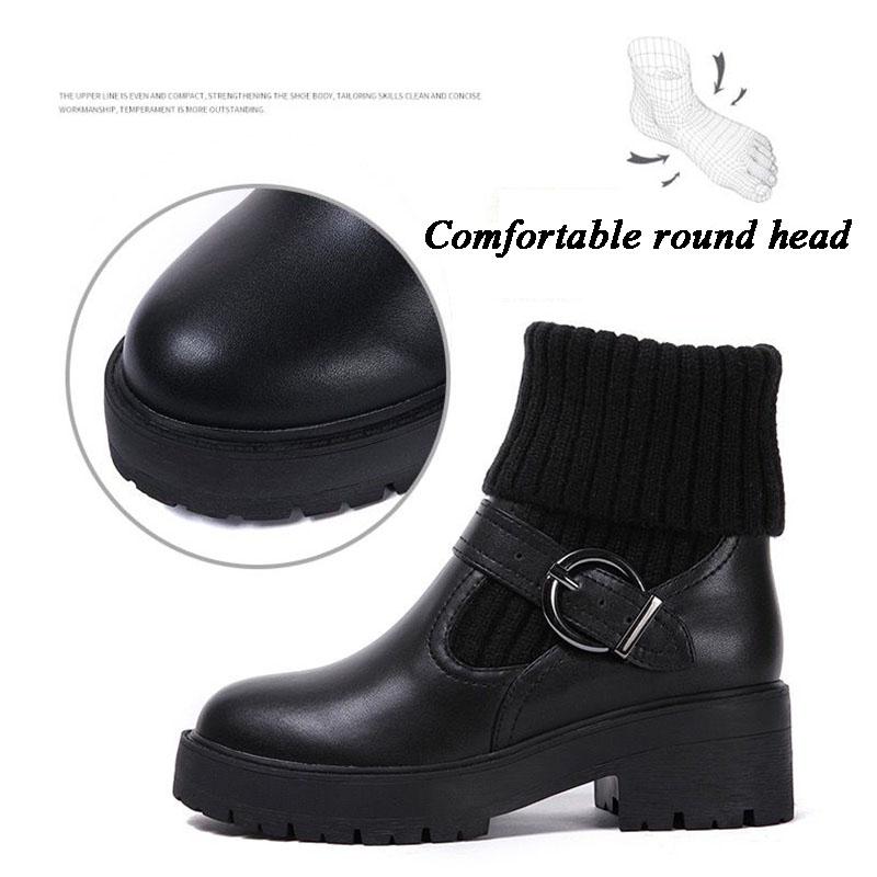 Female Socks Stitching Leather Martin Boots All-match Student Block Heel Ankle Boots British Style Snow Boots Black and White