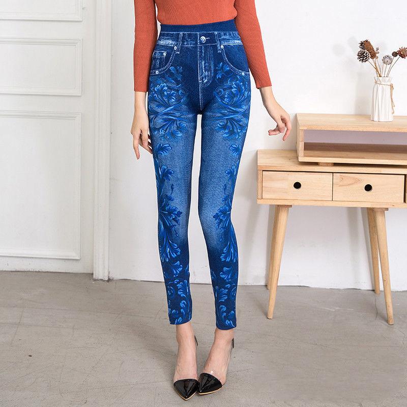 Colorful Floral Sexy Womens Skinny Blue Jean Denim Leggings Stretchy Jeggings Pants