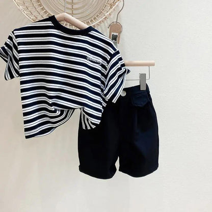 Boy's Suit Summer Small and Medium-sized Children's Striped T-shirt Thin Section Solid Color Button Children's Shorts Tide Two-piece Suit