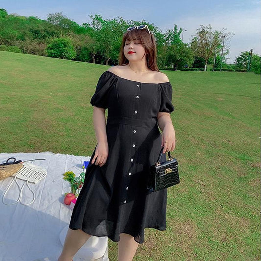 Super Loose Dress Women's Rectangular Neckline Bubble Short-sleeved Mid-length Waist Slimming Loose Version Dress Women's Loose Casual Sweet Dress
