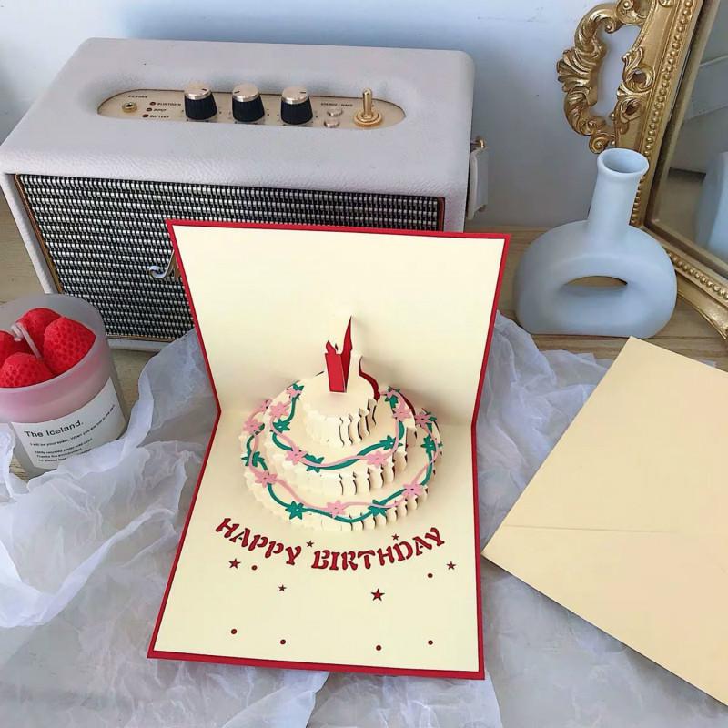 Creative Cute Birthday Gift Girl Heart Birthday Cake Blessing Greeting Card Folding 3D Stereo Card