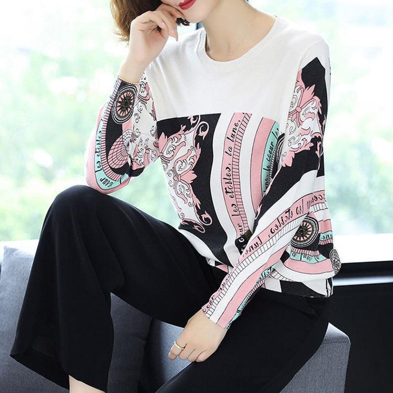 Ethnic Style Plus Size Printed Wool Sweater Ladies Thin Knit Bottoming Sweater O-neck Short Cashmere Sweater Jumper