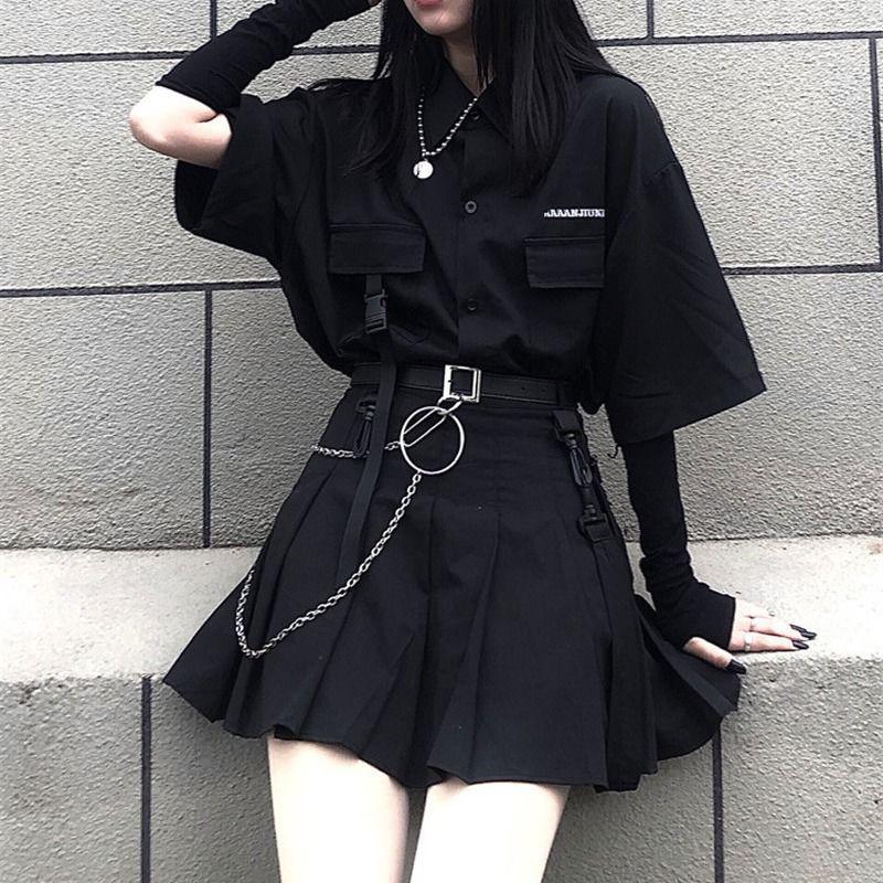 Hip-hop Style Women Sexy Black Cool Girls Shirt Skirt Spring and Summer Two-piece Skirt Suit