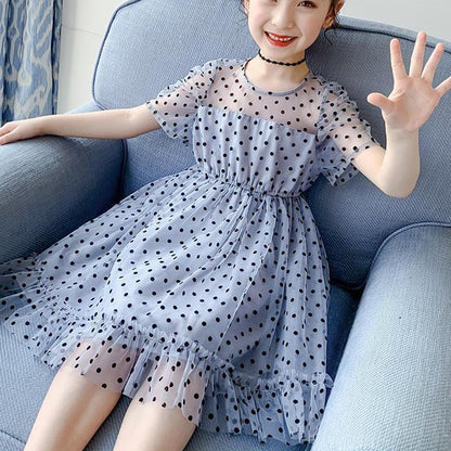 Children Dress Spring Summer Kids Clothing  Baby Girls Clothing Wave Point Short Sleeve Dress Girl Mesh Dress Ruffle