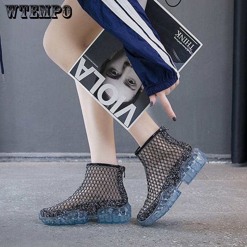 WTEMPO Mesh Short Boots Female Hollow Muffin Sequins Summer Boots