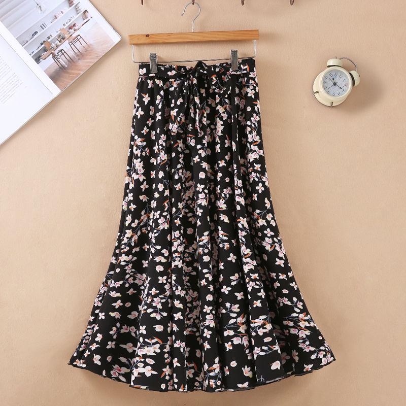Summer Floral Printed Chiffon Women's Skirt High Waist A-line Long Skirts Female Casual Lady Skirt
