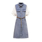 Summer Plus Size Dress Women Fake Two-piece Shirt Dress Midi Denim Dress with Belt
