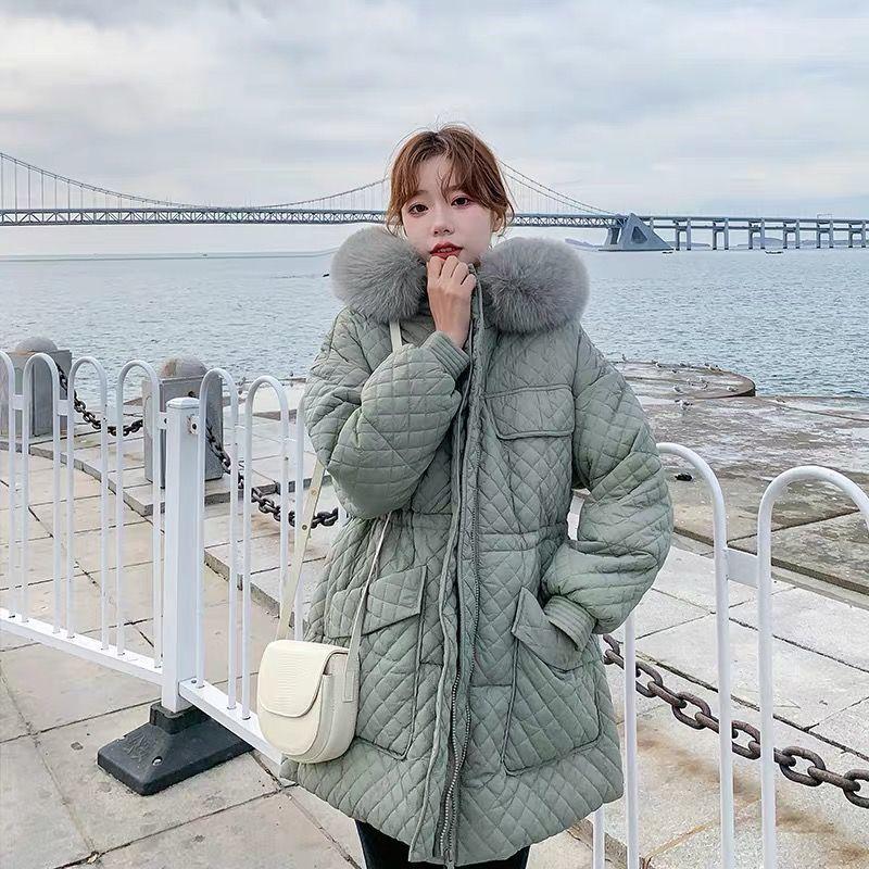 Down Jacket Women's Fluffy Big Fur Collar Hooded Loose Casual White Warm Down Jacket Winter Slim Thick Mid-length Over-the-knee Cotton Jacket