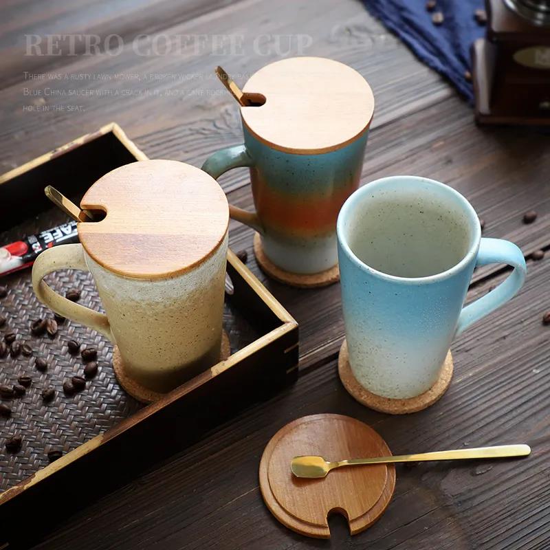 Large-capacity Ceramic Drinking Cup with Lid Spoon Mug Retro Home Coffee Cup Japanese Teacup Men and Women Couple Cups