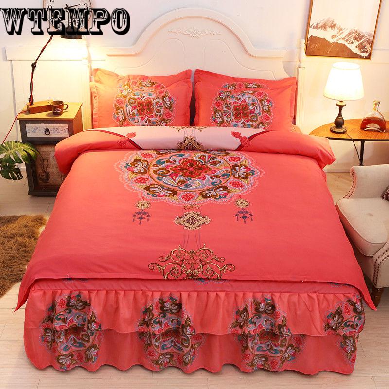 Luxury Cotton Fleece Fabric Thick Bed Skirt Bedding Set Lace Edge Bedspread Pillowcases