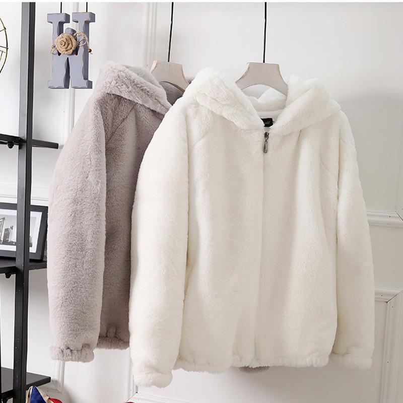 Fall/winter Hooded Pocket Sweater Loose Long-sleeved Furry Coat Solid Color Zipper Non-fading Top