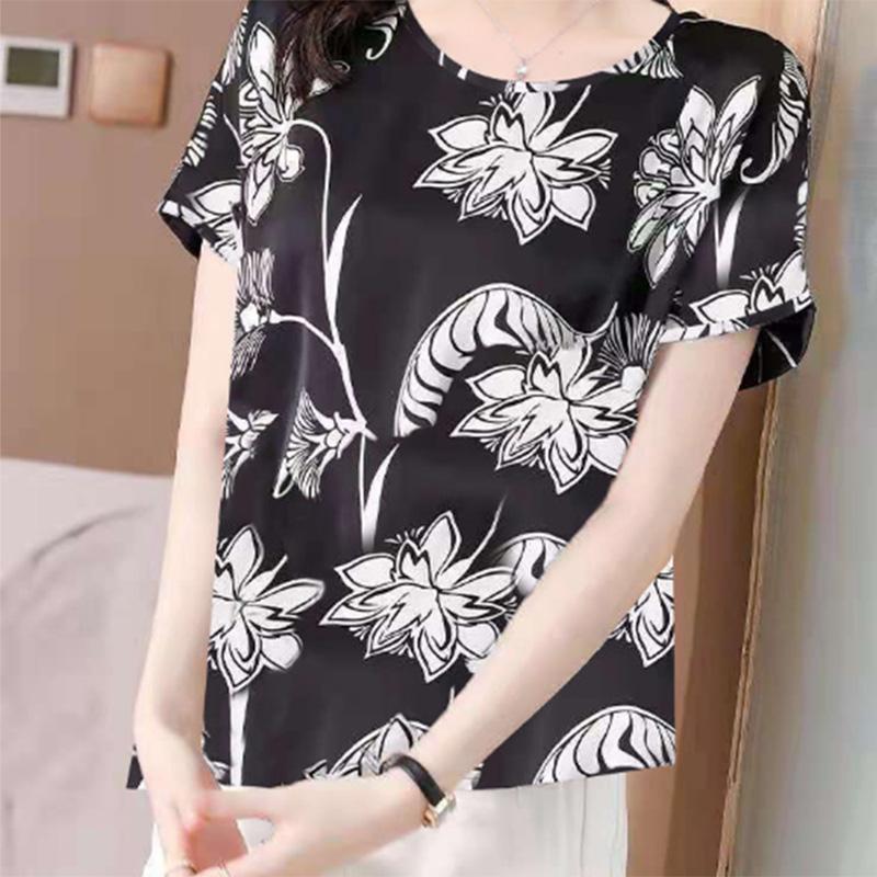 Large Size Women's Fashion Printing T-shirt Women's Summer Thin Section Fat Mother Western Style Loose Round Neck Top Bottoming Shirt