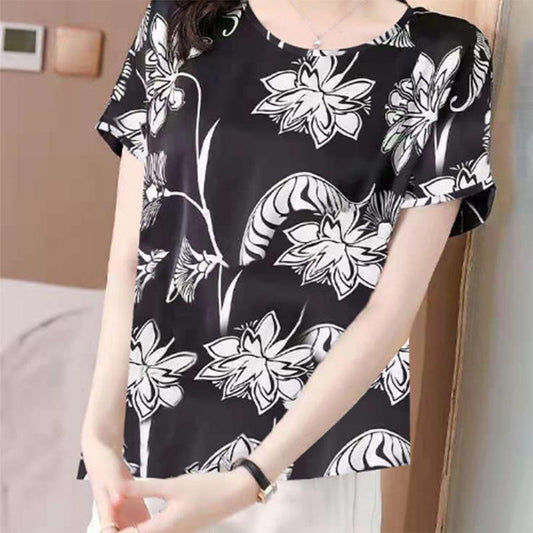 Large Size Women's Fashion Printing T-shirt Women's Summer Thin Section Fat Mother Western Style Loose Round Neck Top Bottoming Shirt