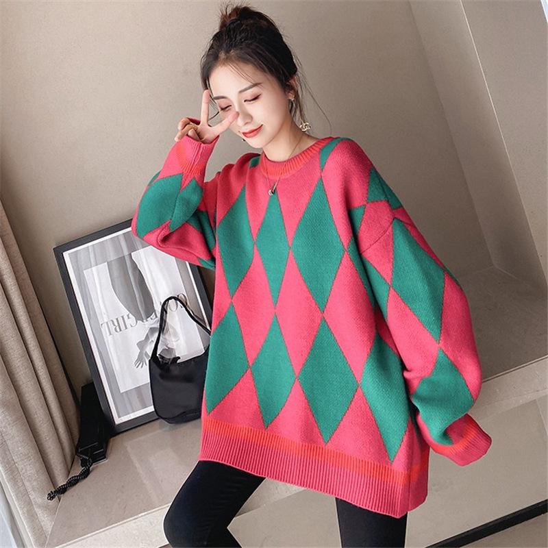 Women Retro Loose Sweater Color Block Diamond Check Pullover Sweater Round Neck Knit Jumpers Top Outwear