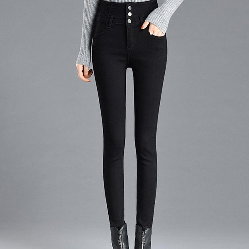 Fleece High-waist Jeans Women's Feet Winter Slim Slimming Skinny All-match Pencil Thickened Pants Warm and Windproof Single-breasted