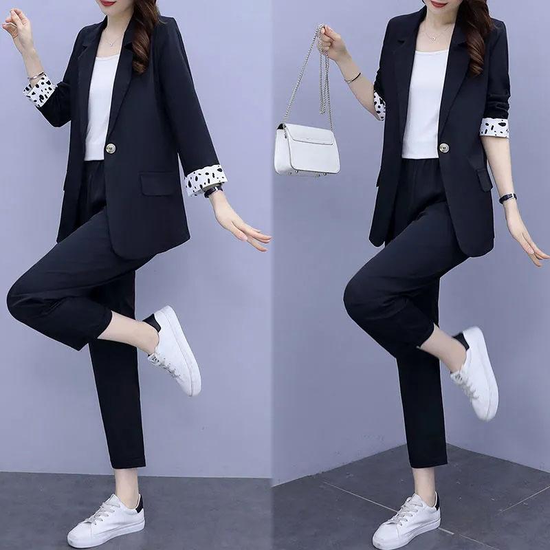 2PCS Women's Solid Color Suits Set Spring and Autumn Suit Thin Jacket + Loose Casual Pants Two-piece Large Size Fat Girl Slimming Suit