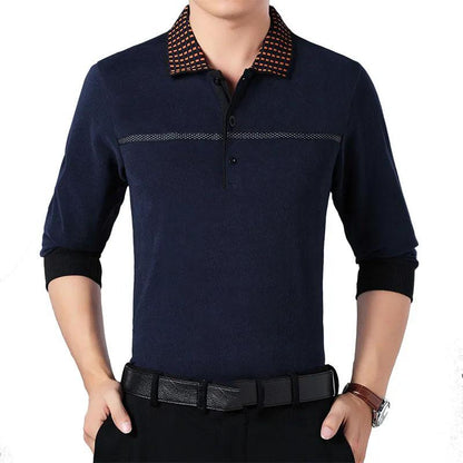 Middle-aged Aged Men's Dot Collar Printed Lapel Polo Shirt Loose T-Shirt Top Long Sleeve Shirt Bottoming Shirt Spring and Autumn