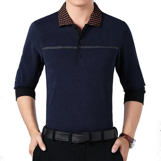 Middle-aged Aged Men's Dot Collar Printed Lapel Polo Shirt Loose T-Shirt Top Long Sleeve Shirt Bottoming Shirt Spring and Autumn