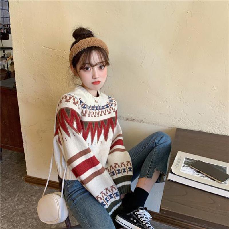 Autumn Winter Women  Fashion Sweater Casual Knitting Sweater Jacquard Round Neck Pullovers Loose Casual Long Sleeve Sweater