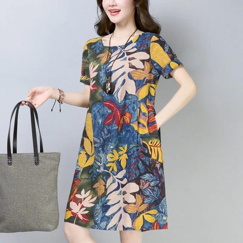 Plus Size Bohemian Dress Short Sleeve Short Dress Casual Comfort Cotton Dresses Birthday Dresses for Women