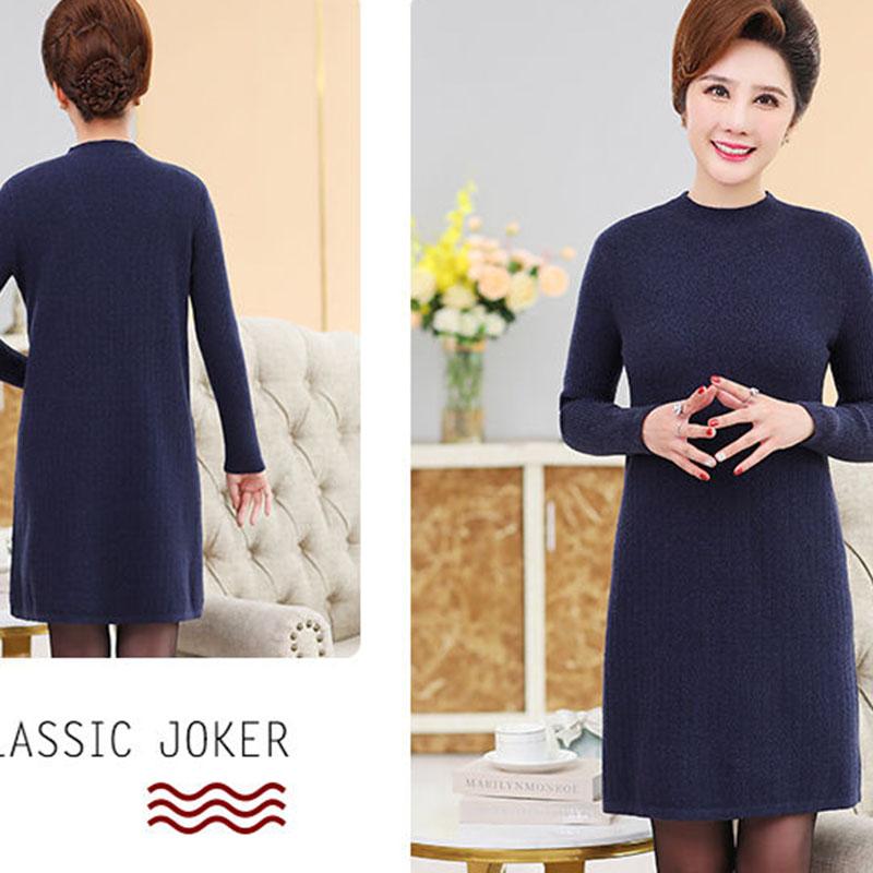Autumn Winter Medium Long Plover Dress Pure Color Leisure Contracted Bottom Skirt Dress Middle-aged Female Sweater Dress