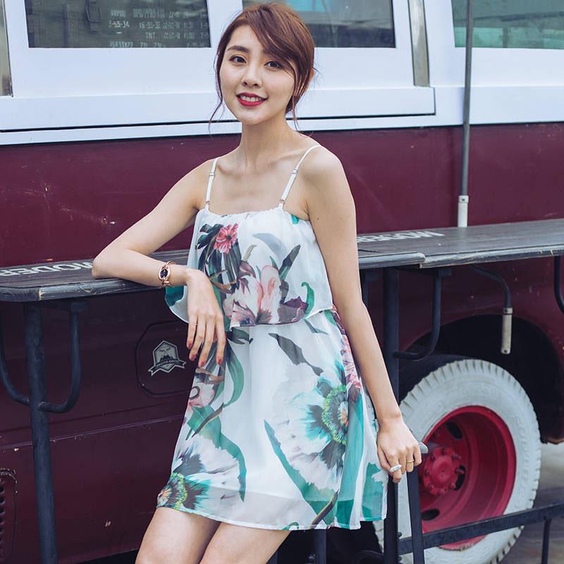 Summer Spaghetti Strap Dress False Two-piece Dress Prints Chiffon Dress Mini Sundress