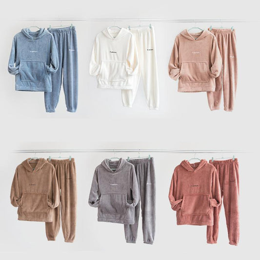 Coral Fleece Pajamas for Women and Men Pyjamas Set Flannel Hoodie Pullover Sleepwear Autumn Winter Velvet Warm Home Wear Suit Casual Loose Long Sleeve