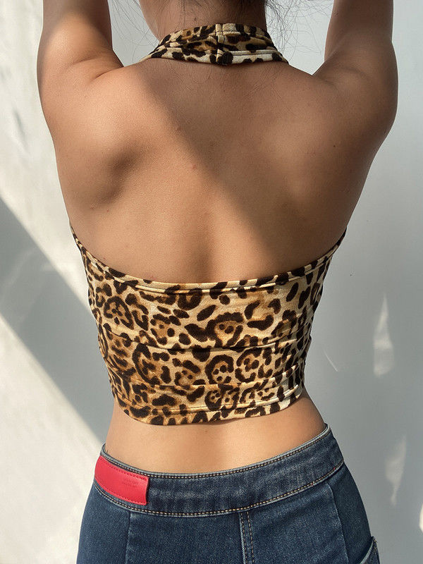 European and American Style Short Top Leopard Print Halter Camisole Women's Large Size High Waist Backless Tube Top