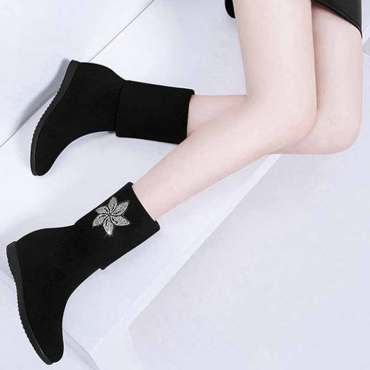 Inner High Boots Suede Elastic Short Boots Flat-bottomed Women's Boots Wild Martin Boots Single Boots Rhinestone Decoration