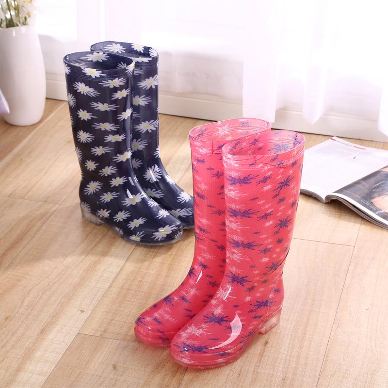 Rain Boots Women Print PVC Waterproof Shoes for Girls Knee-high Slip on Anti Skip Boots Long Tube Boots Fashion Size 36-41