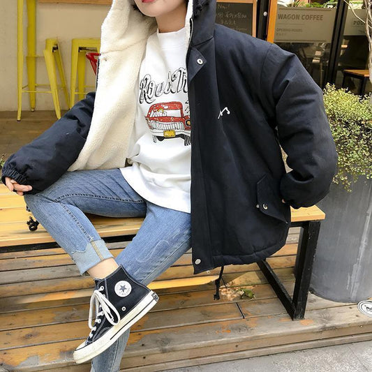 Autumn and Winter Imitation Lamb Wool Coat Korean Thick Loose Cotton Coat Wide Casual Hooded Women's Cotton Coat