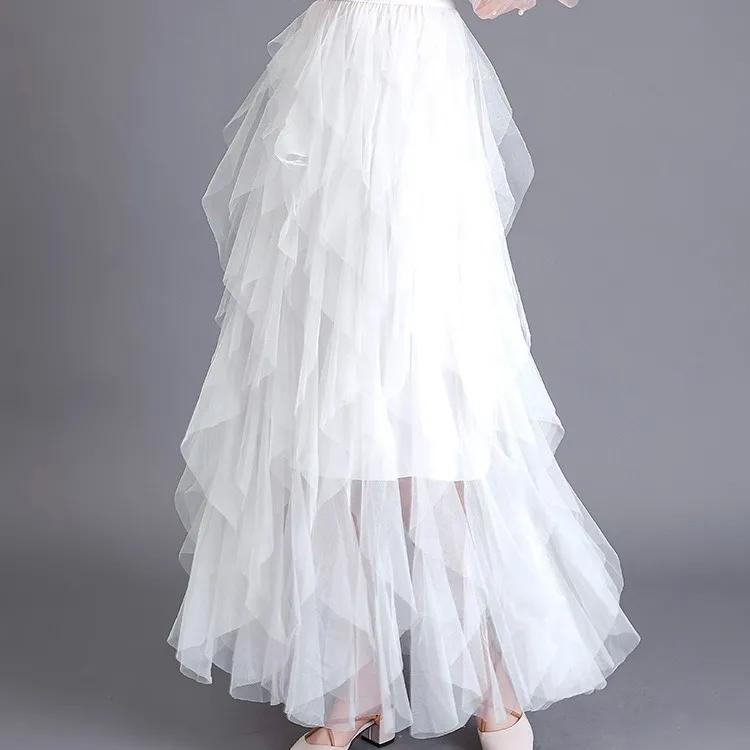Spring Summer Sweet Cake Mesh Skirt Women's A-line Pleated Skirt Irregular Long Skirt Solid Color Fluffy Gauze Skirt Mid-length