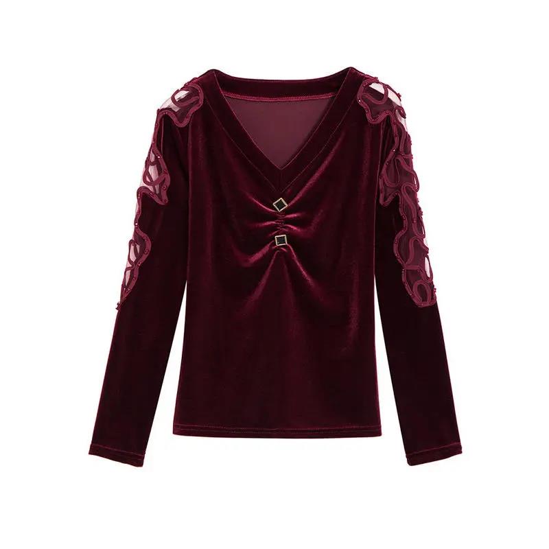 Ladies Blouse Pleuche Top Women's Autumn and Spring Lace Hollow out V-neck Long Sleeve Pullover