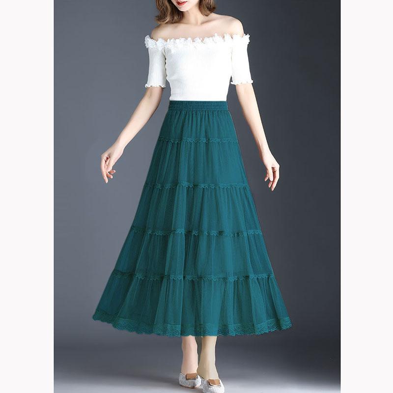 Three-layer Large Swing Mesh Skirt Women's Spring and Summer A-line Pleated Cake Skirt Lace Edge Drape Long Skirt Solid Color Gauze Skirt