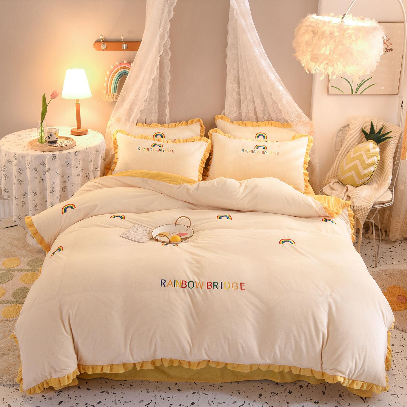 Princess Style Milk Velvet Winter Thick Crystal Velvet Four-piece Double-sided Quilt Cover Coral Velvet Bed Linen