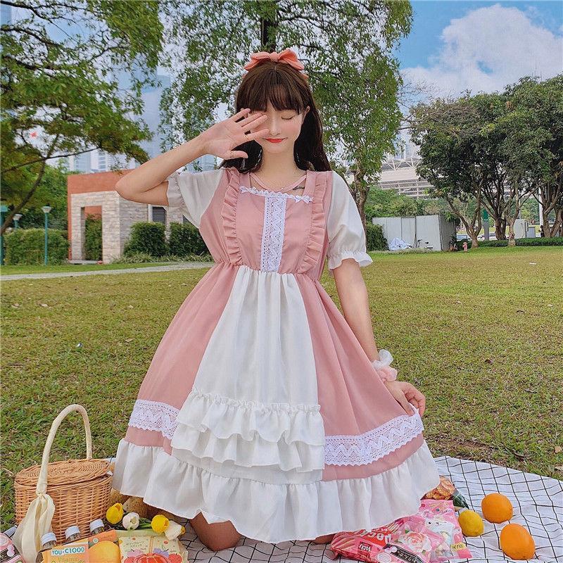 Girl Cosplay Dress Lolita Style Puff Sleeve Bandage Sweet Sailor Collar Lace Dress Kawaii Ruffles Dress