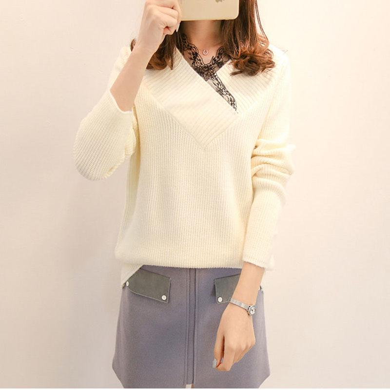Autumn and Winter Lace V-neck Top Thickened Long-sleeved Knitted Sweater Loose and Versatile Women's Bottoming Shirt