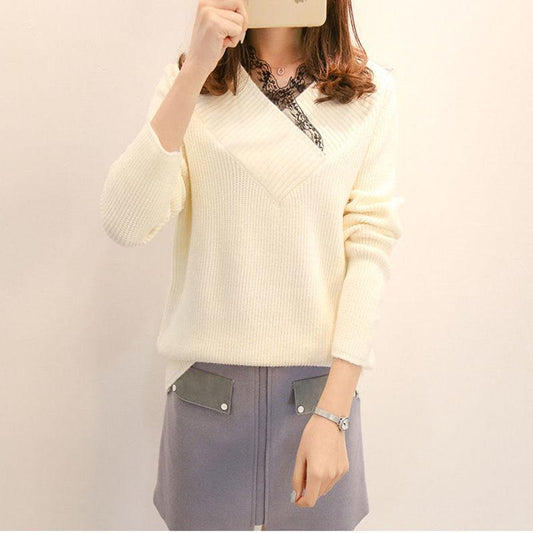 Autumn and Winter Lace V-neck Top Thickened Long-sleeved Knitted Sweater Loose and Versatile Women's Bottoming Shirt