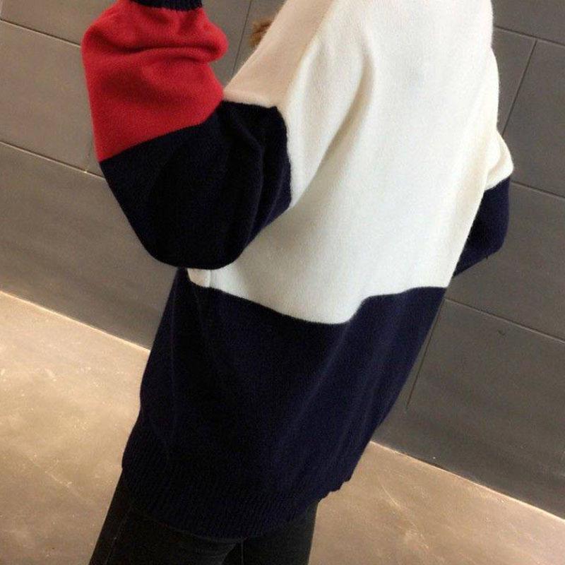Pofulove Women's Color Block Knit Crew Neck Sweater Loose Drop Shoulder Long Sleeves Pullover Top