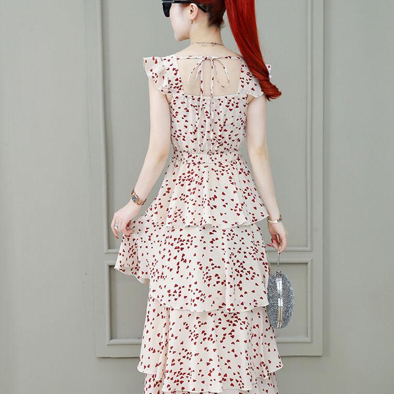 Women's Summer Dress Chiffon Polka Dot Square Collar Sleeveless Long Dress