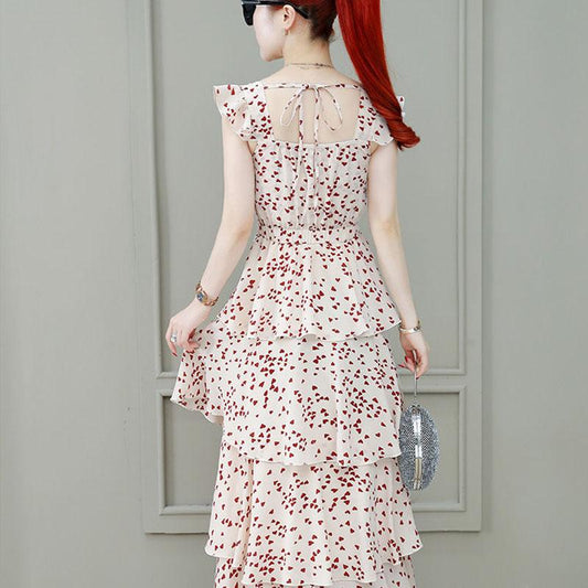 Women's Summer Dress Chiffon Polka Dot Square Collar Sleeveless Long Dress