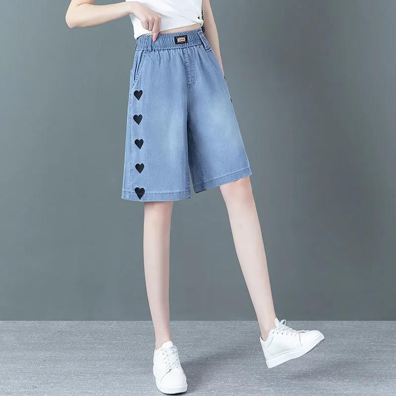 Tencel Thin Denim Shorts Women's Summer High Waist Loose Loose Thin Pants Wide-leg Ice Silk Five-point Pants
